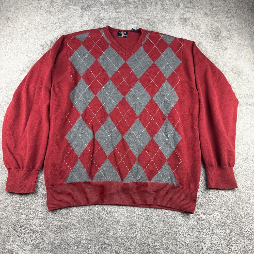 Arrow Men's Argyle‎ V-neck Cotton Sweater Mens XL  Brick Red Long Sleeve